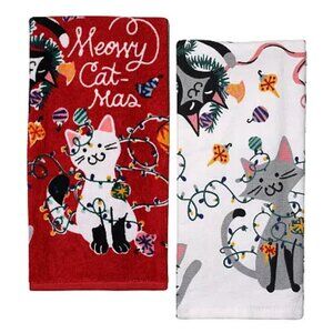 Set of 2 Kitty Christmas Kitchen Towels NWT